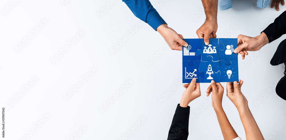 Aufkleber A diverse group of hands collaborating to solve a colorful puzzle featuring business and innovation icons. This image symbolizes teamwork, creativity, and strategic planning. Amity