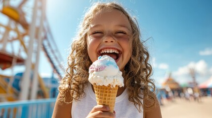 A joyful child beams with happiness, enjoying ice cream at a theme park, capturing the essence of childhood joy and the sheer delight of simple pleasures in life.