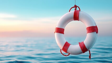 A lifebuoy hangs suspended in the sky, symbolizing safety and rescue, as soft waves lapping against the shore capture the calming essence of a beachfront sunset.