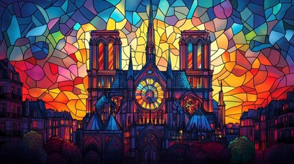 Obraz premium Colorful stained glass Notre Dame at sunset