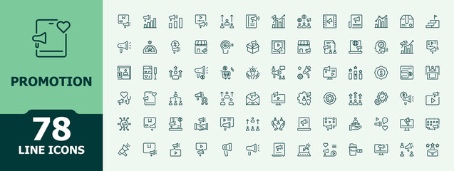 Promotion icon set. Featuring commerce, marketing special deals, sales social media marketing, online promotion. Icon design. Advertising Campaign simple icon. Minimalist editable vector icon.