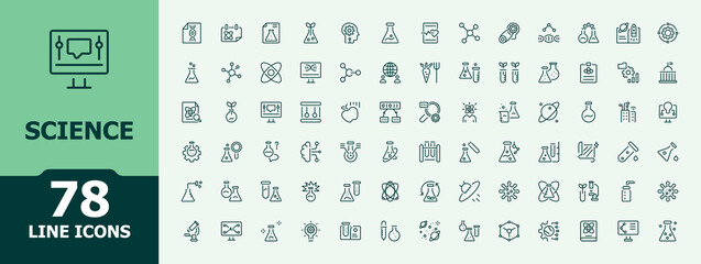 Science icon collection. Contains outline symbols like scientific, biotech, biotechnology, research, biology, scientist, bio, laboratory. Lab icons. Minimalist vector icon and illustration.