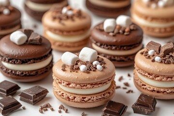 Delicious chocolate macarons decorated with chocolate shavings and marshmallows perfect for any sweet craving Elegant dessert presentation