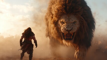 The scene of a warrior facing a giant lion depicts the struggle between human and beast, highlighting themes of bravery, danger, and primal instinct.
