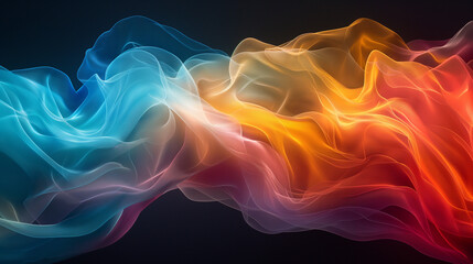 Obraz premium Glowing smoke swirls on a black background, blending vibrant colors into fluid, luminous tendrils with soft, ethereal light.