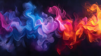 Fototapeta premium Glowing smoke swirls on a black background, blending vibrant colors into fluid, luminous tendrils with soft, ethereal light.