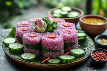 Vibrant purple rice cakes adorned with tomato slices nestled on a banana leaf with cucumber and a lotus blossom A colorful delicious treat