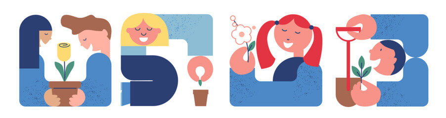 Girl holding bouquet of flowers, and the sun holding tulips. Geometric simple design for spring greeting. Hand drawn flat vector illustration