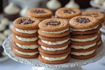 Stacked dessert cookies with cream filling and chocolate chips on top displayed on a white cake stand Sweet treat indulgence!