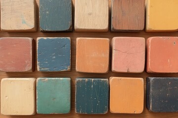 Fototapeta premium Pastel Colored Wooden Blocks on Wood Surface