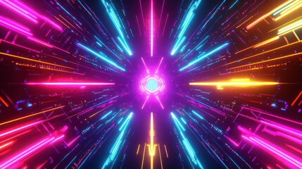 Naklejka premium Abstract neon tunnel, glowing lines, futuristic