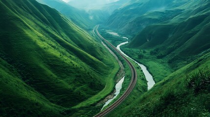 A railway track winds through verdant green mountainous valleys beautifully