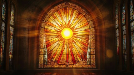 Obraz premium Radiant Sunburst: A Stunning Stained Glass Window Design, perfect for spiritual, religious, or fantasy projects. Vibrant colors and intricate details 