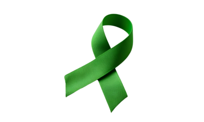 A green ribbon representing mental health awareness, smooth fabric texture