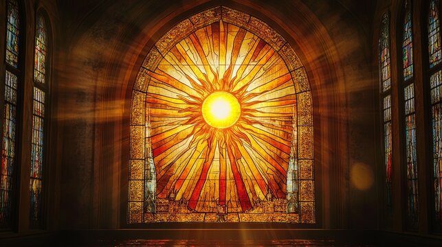 Naklejki Radiant Sunburst: A Stunning Stained Glass Window Design, perfect for spiritual, religious, or fantasy projects. Vibrant colors and intricate details 