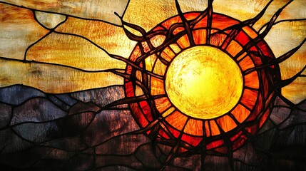 Radiant Sunburst: A Stunning Stained Glass Window Design. Perfect for spiritual, religious, or fantasy projects. Vibrant colors and intricate details 