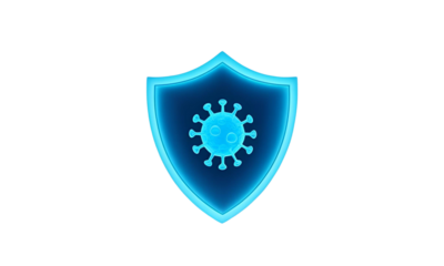 A glowing blue shield with a virus icon inside, symbolizing immunity and disease prevention