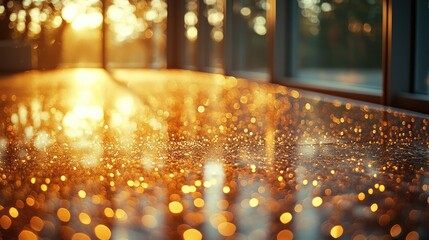 Obraz premium Glittering floor, sunset, modern room, bokeh, background