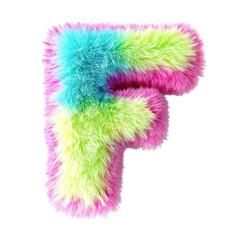 Colorful Furry Alphabet on white background. Colorful 3d Fur letter "F" isolated on transparent background. PNG, cut out.