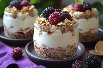 Berry and Yogurt Parfaits: layered dessert with creamy yogurt crunchy granola topped with fresh berries in glass jars
