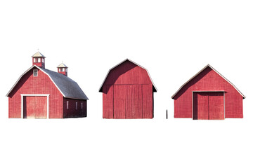 a set of three Red barns isolated on a white background