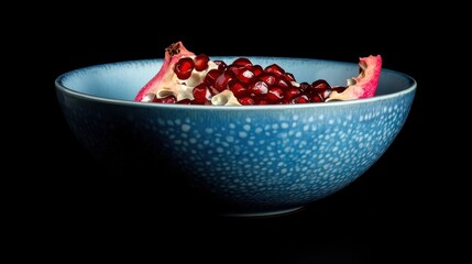 Vibrant Pomegranate Seeds in a Blue Bowl Against a Dark Background, Showcasing the Juicy Red Arils and Intricate Details of the Fruit's Structure and Color Contrast