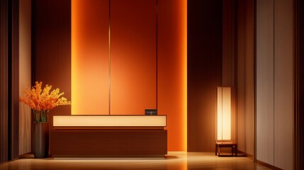 Modern reception area with warm lighting, floral arrangement, and minimalist design