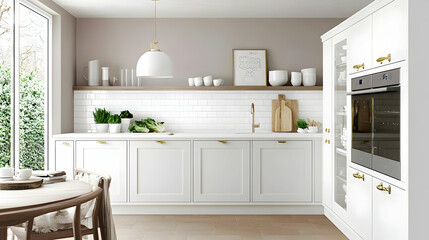 Modern White Kitchen Interior Design With Gold Accents And Natural Light Featuring White Cabinets And Wooden Table