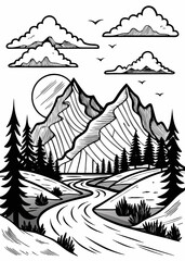 Mountain Range with Flowing River Outline Vector for Kids Coloring, kids nature coloring book, Mountain and River Coloring Page, Bold Outline Nature Scene Vector
