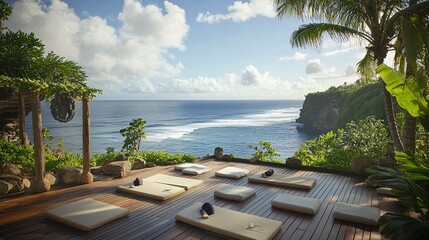 Fototapeta premium Tropical Ocean View Background with Wooden Yoga Deck and Cushions