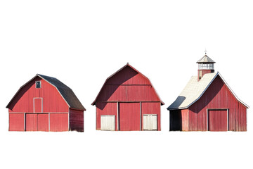 a set of three Red barns isolated on a white background
