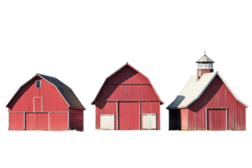 a set of three Red barns isolated on a white background