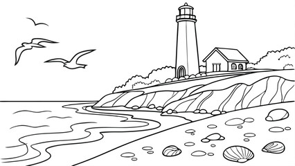 Coastal Lighthouse and Ocean Waves Outline Vector for Kids Coloring,  kids beach coloring book,  Lighthouse and Ocean Coloring Page, Seagulls and Waves Drawing
