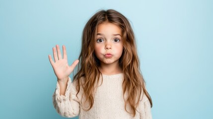 A playful girl makes a funny facial expression while raising her hand against a pastel blue background, representing joy and creativity in childhood.