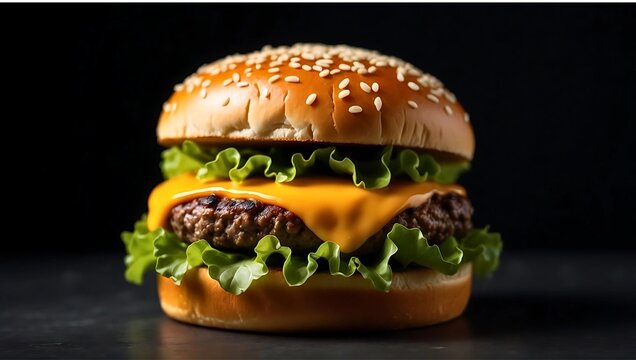 Closeup fresh Cheeseburger with Melted Cheese and Fresh Ingredients, humburger on black background