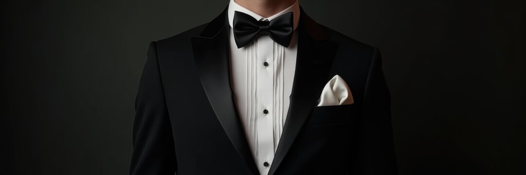 Elegant tuxedo attire featuring a bow tie and pocket square, perfect for formal events, weddings, or gala functions against a dark background.