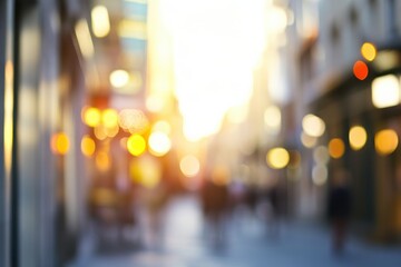 Blurred city street glowing with evening light and urban life