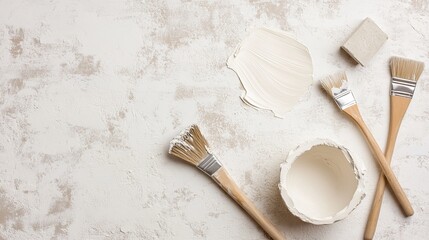 tool and materials for painting on a textured background with white paint and brushes
