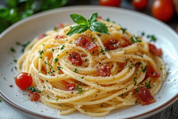A delicious plate of classic Italian pasta garnished with fresh basil and ripe tomatoes Perfect for a comforting meal!