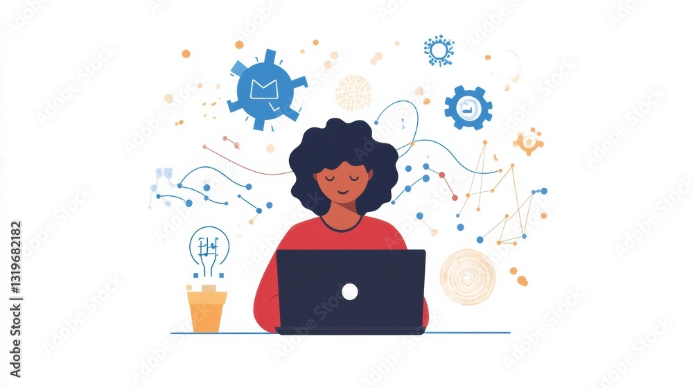 Poster student engages in virtual learning with ai tools while working on a laptop in a creative workspace 