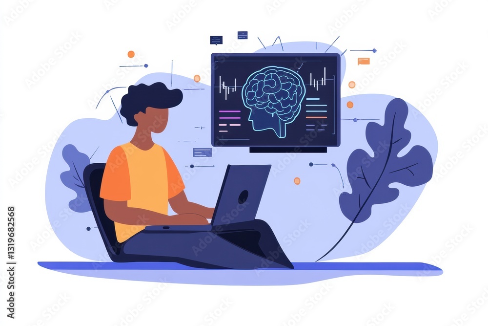 Poster Student engaged in virtual learning with AI assistance on a laptop screen during an online class in a modern environment