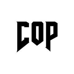 COP letter logo design for technology company. COP logo design black and white color combination. COP logo, COP vector, COP design, COP icon, COP alphabet. COP typography logo design.