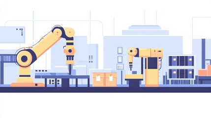 Innovative factory with robotic machines and AI managing production processes in a modern automated environment
