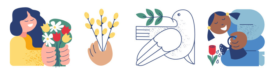 Girl with  bouquet of flowers, hand holding willow twigs, dove with twig and girl watering flowers. Geometric simple design for spring greeting. Hand drawn flat vector illustration
