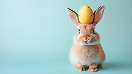 Obraz premium A cute Easter bunny with an Easter egg on its head on a pastel background.