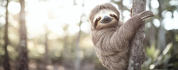 Obraz premium A smiling sloth clinging to a tree branch in bright sunlight