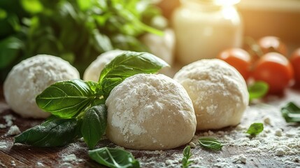 Fototapeta premium Flour-dusted pizza dough balls on kitchen counter