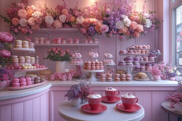 Elegant bakery with pastel pink decor featuring macarons pastries floral arrangements and coffee cups A beautiful dessert setting