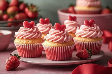 Celebratory cupcakes with pink frosting and heart-shaped candy toppers perfect for Valentine's Day or any special occasion