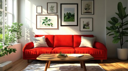 a living room with a red couch and a coffee table